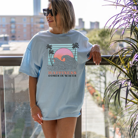 Happiness Comes In Waves Beach Tee | Retro Beach Tee | Beach Vacation Shirt | Gift For Her | Gift For Him | Graphic Tee | Unisex