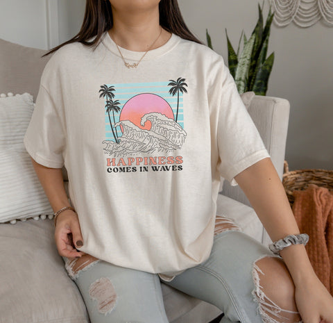 Happiness Comes In Waves Beach Tee | Retro Beach Tee | Beach Vacation Shirt | Gift For Her | Gift For Him | Graphic Tee | Unisex