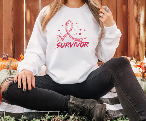 Pink Butterfly Ribbon Breast Cancer Graphic Sweatshirt | Cancer Survivor Shirt | Breast Cancer Awareness Gift | Cancer Support Gifts